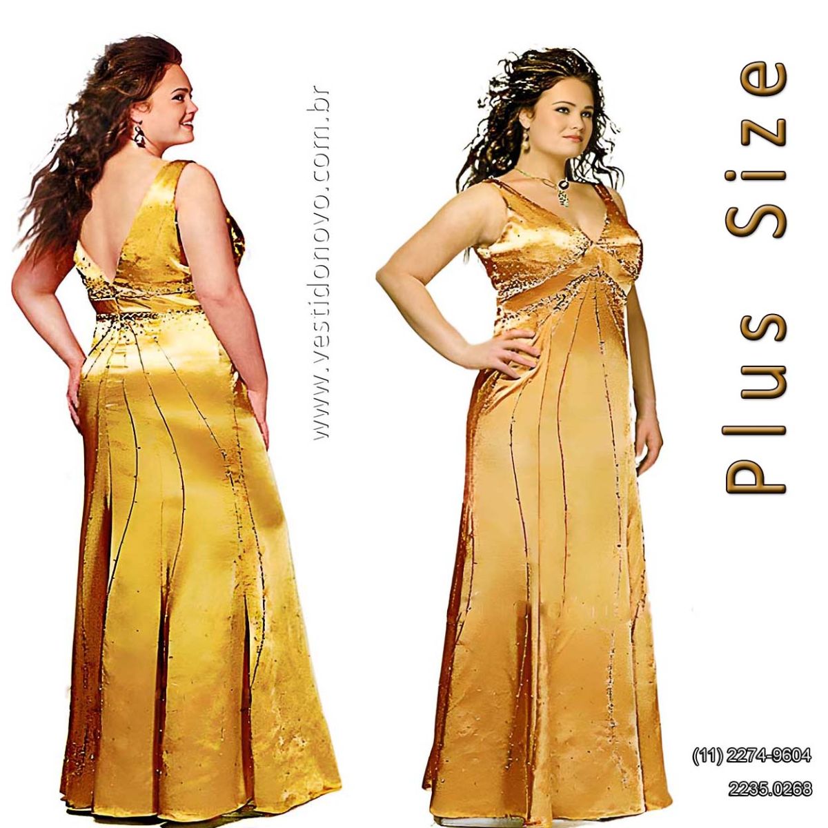 Vestido de Festa dourado, plus size, em cetim importado