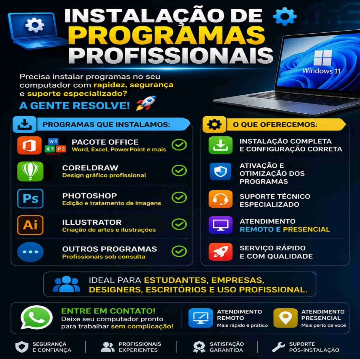 Instalação programas: autocad,  office, coreldraw, sketchup