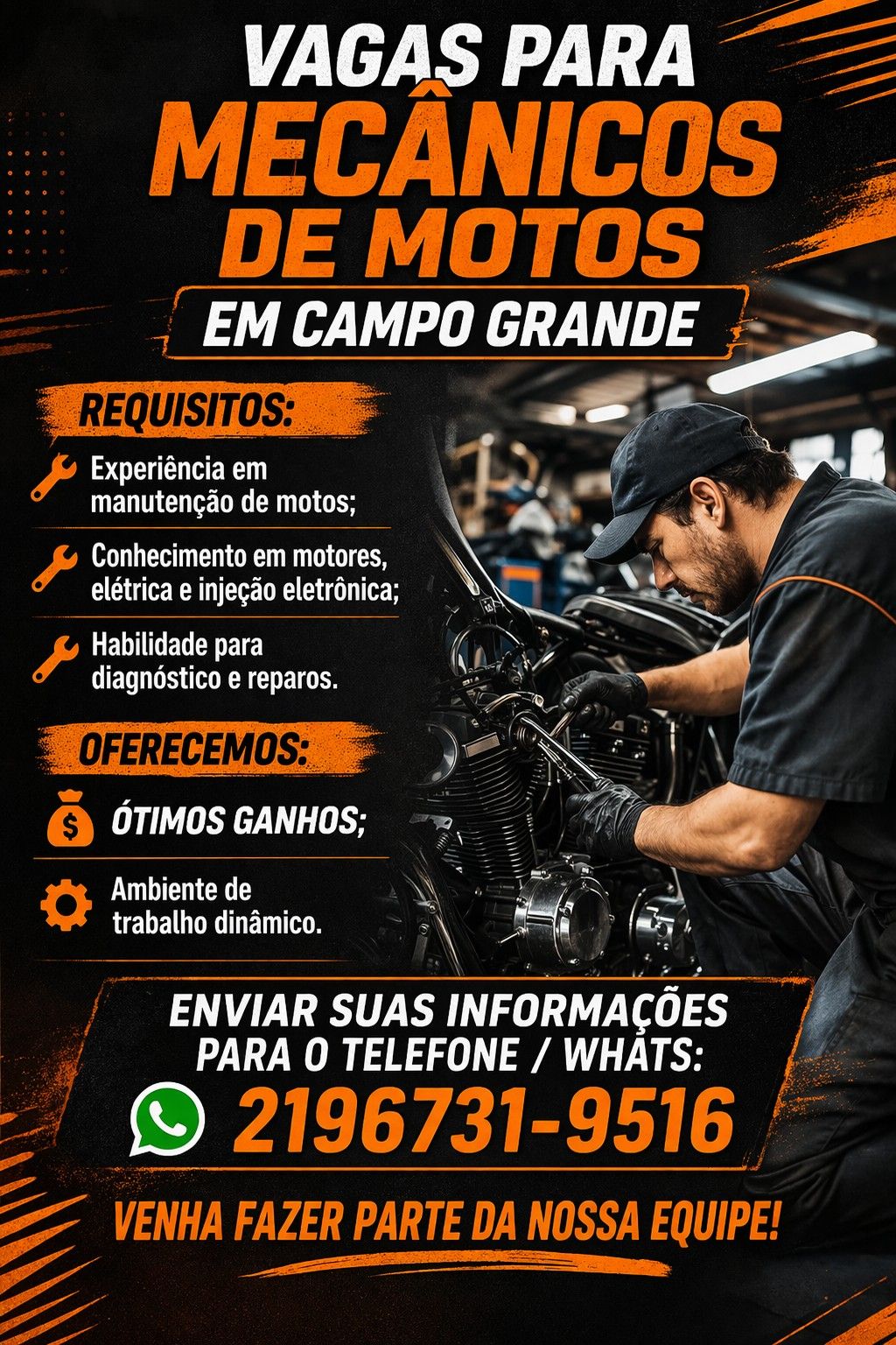 Vaga para mecanico de motos em Campo Grande com experiência