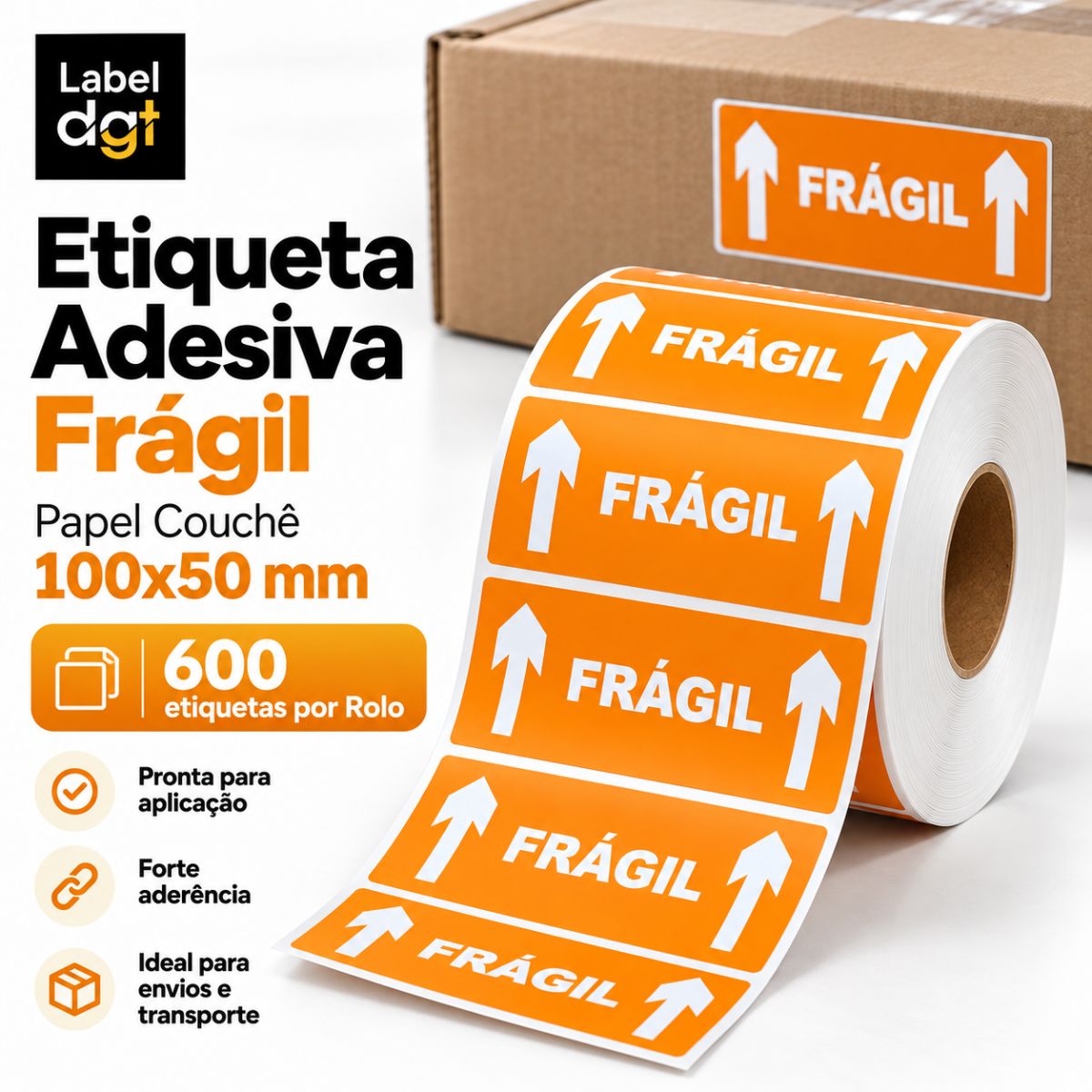 Rolo de etiqueta Frágil cor Laranja c/600 unidades
